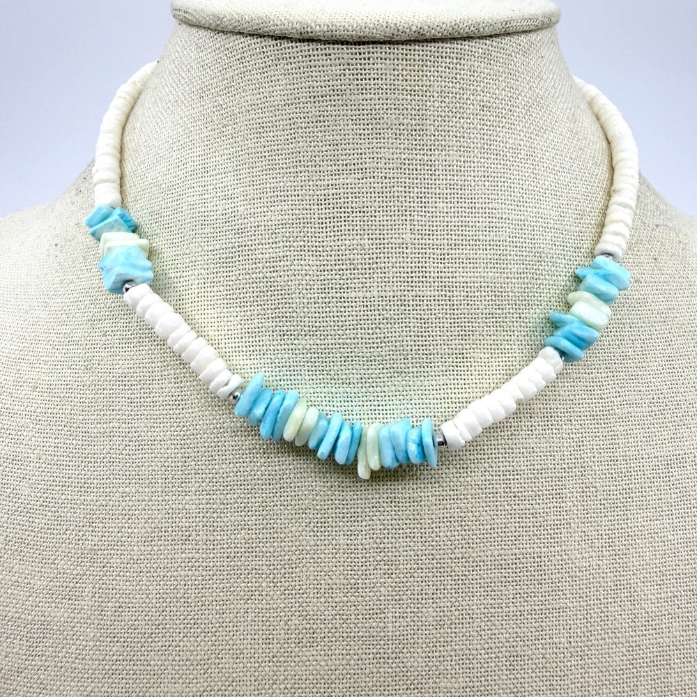Vintage Silver Tone Turquoise Heishi Bead Necklace Boho Shell Chip